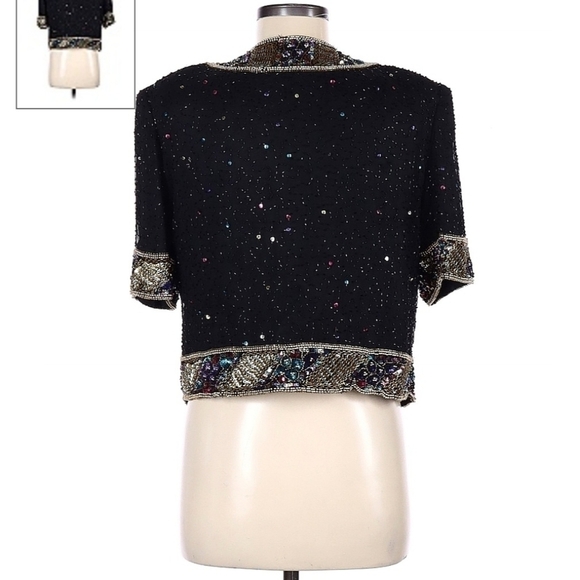 Brilliante Silk Beaded Sequin Jacket Black Hook Eye Dressy Women's Medium M EUC - Picture 2 of 8
